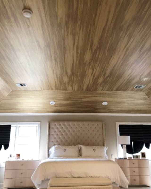 Wood-look wallpaper installed on the ceiling of a luxury bedroom in Costa Blanca, Spain, by Costa Blanca Wallpaper