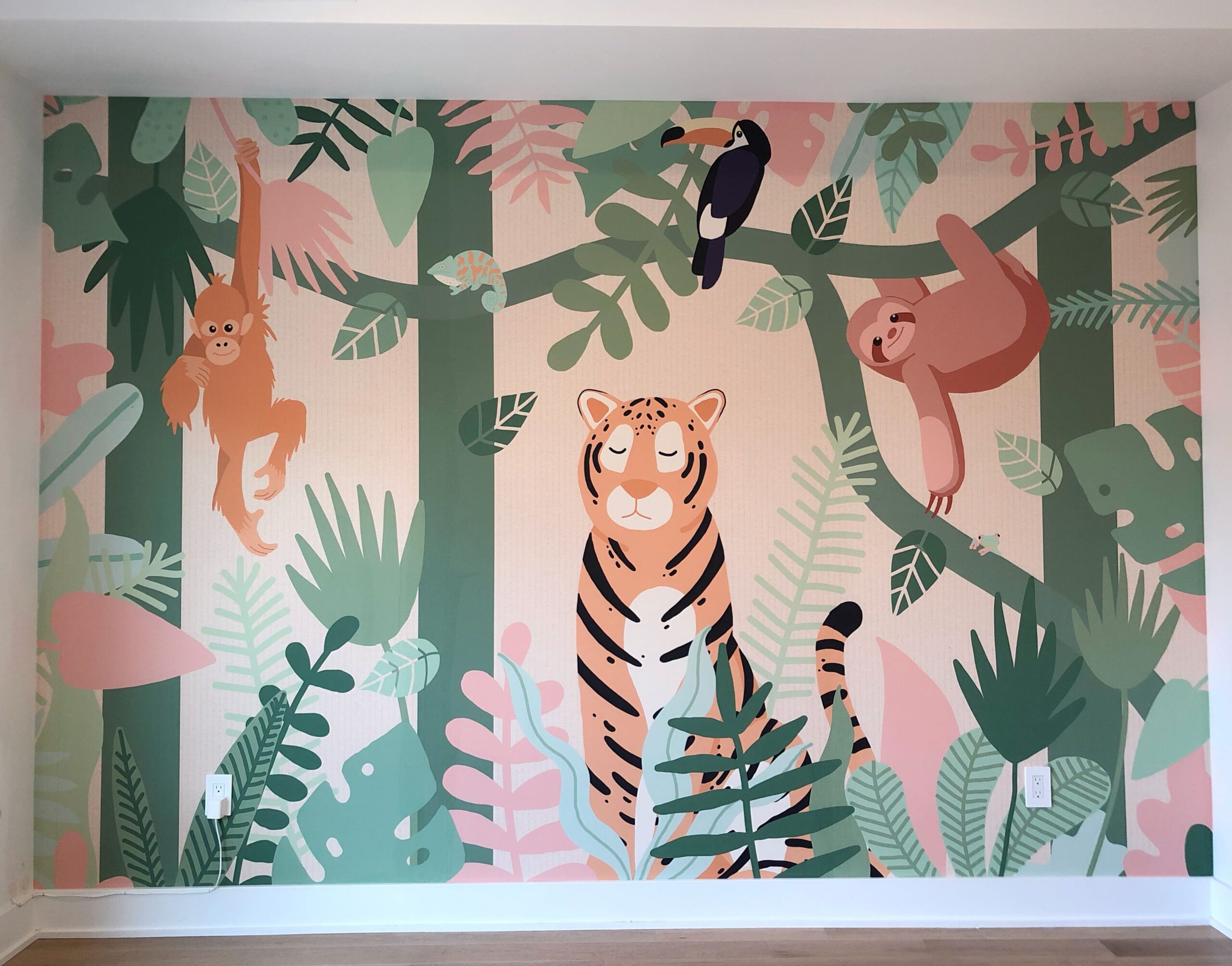 Bedroom Accent Wall Mural installed in a Nursery in Costa Blanca Spain, featuring zoo animals