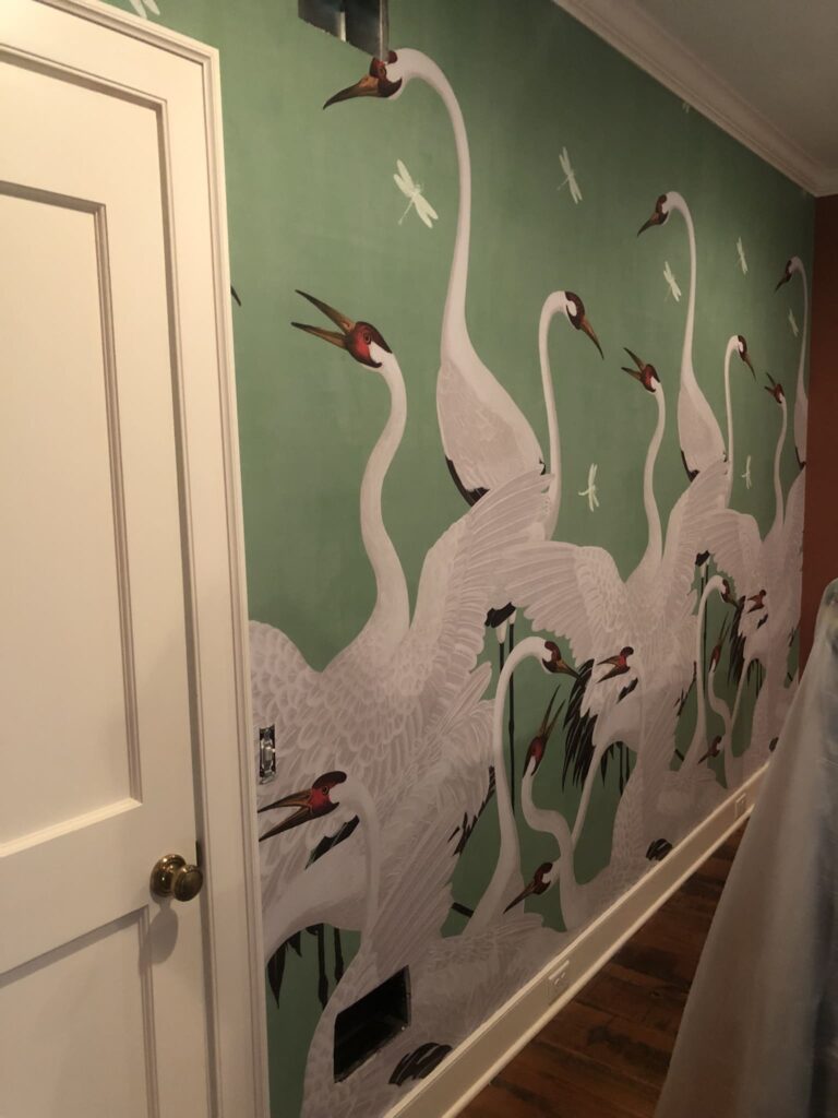 Green swan gucci wallpaper installed on the hallway in Costa Blanca, Spain
