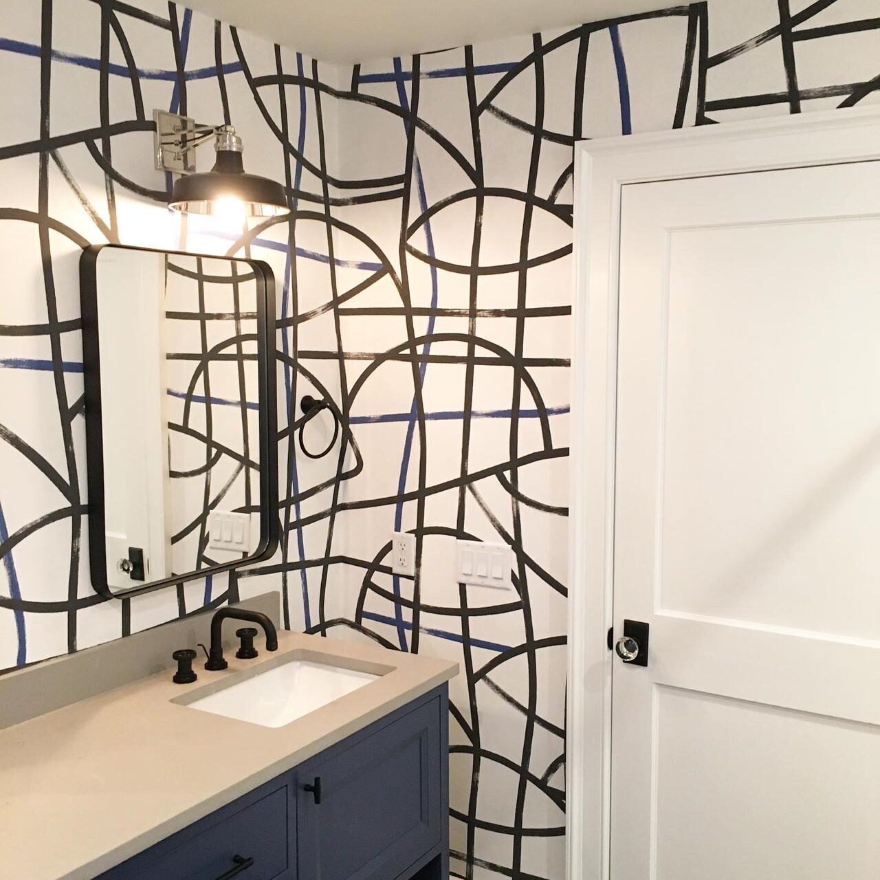 Schumacher Abstratto Printed Wallpaper, Black & Cobalt - Wallpaper Installation